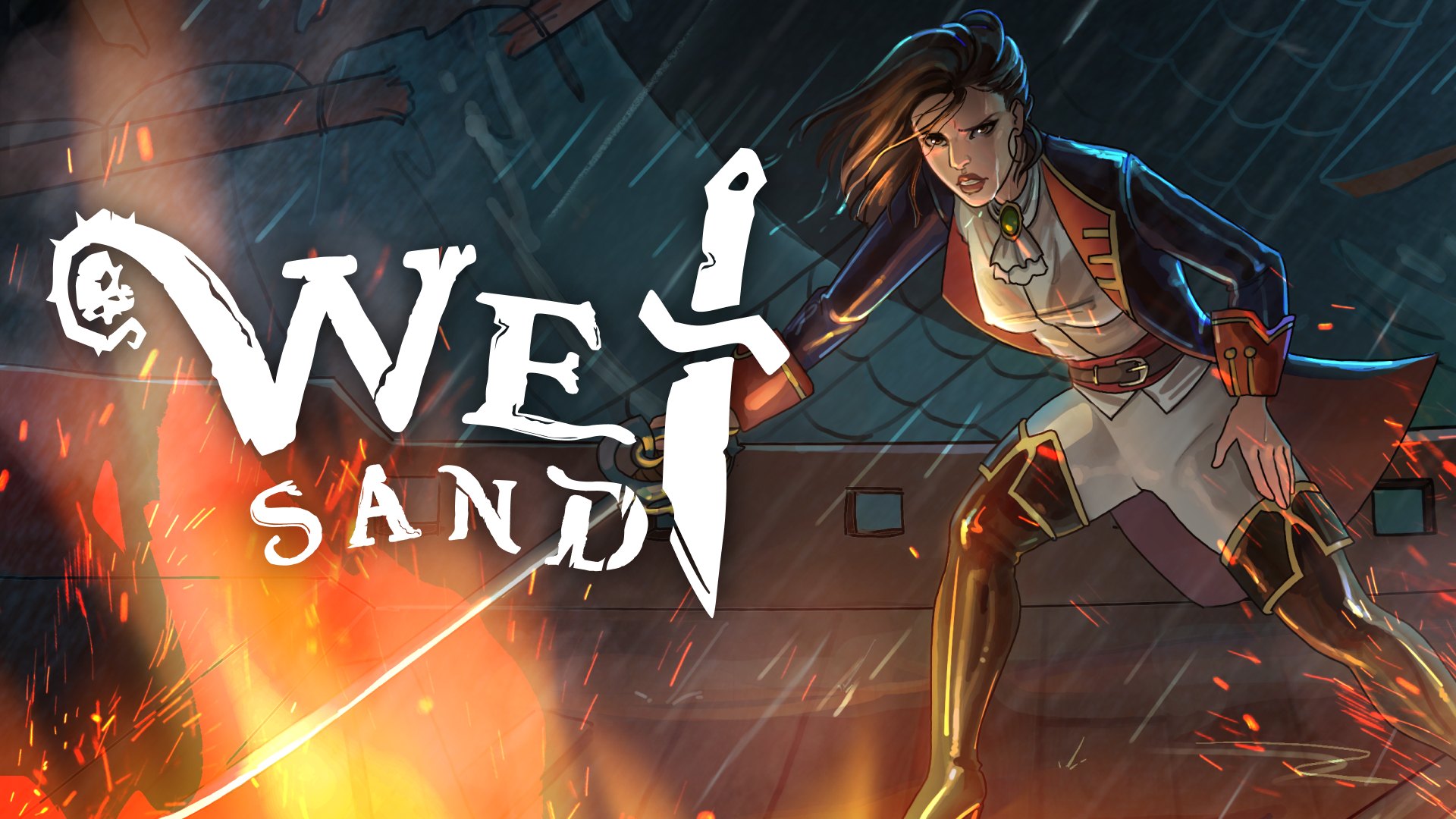 Wet Sand key art: the Wet Sand logo beside a swordswoman on a burning ship in the rain
