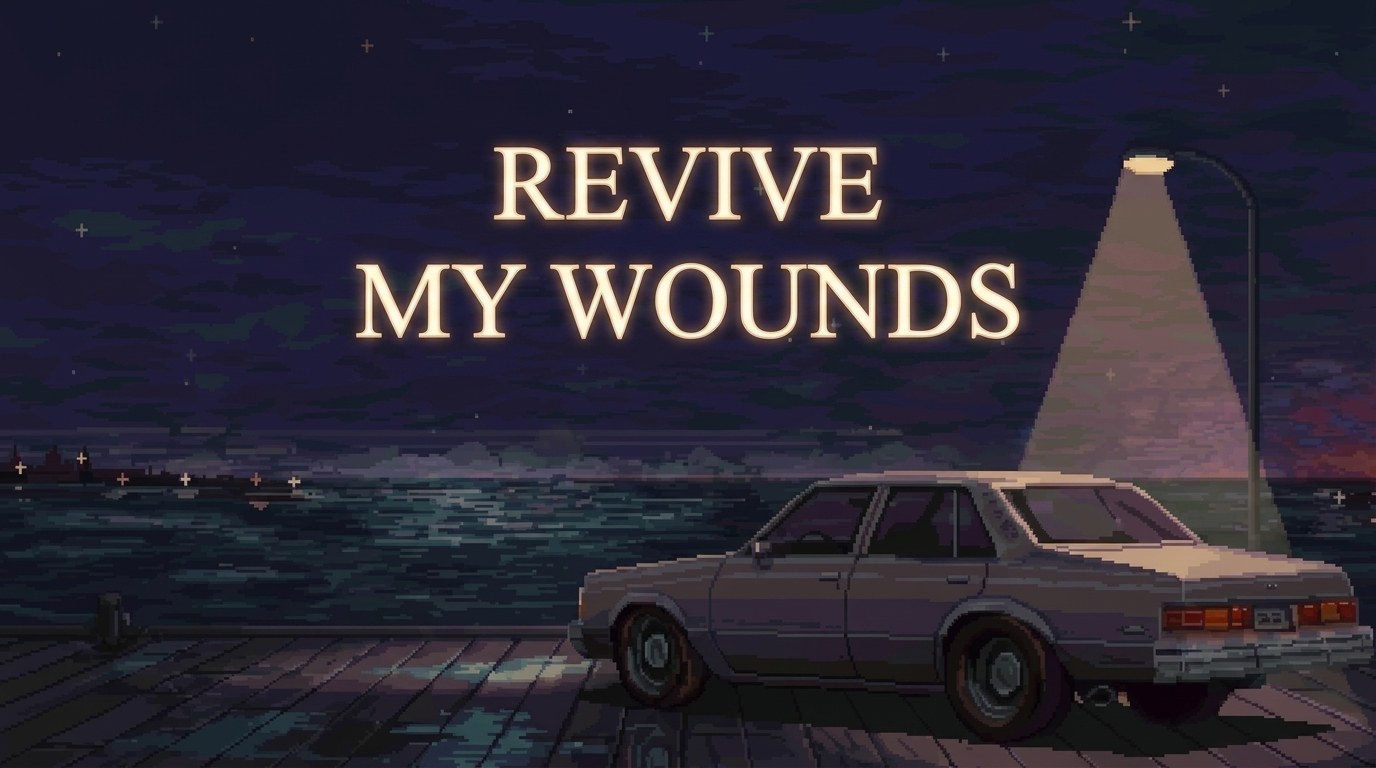 A grey sedan parked on a pier at night under a single streetlight, the sea behind it; the title Revive My Wounds glows above.
