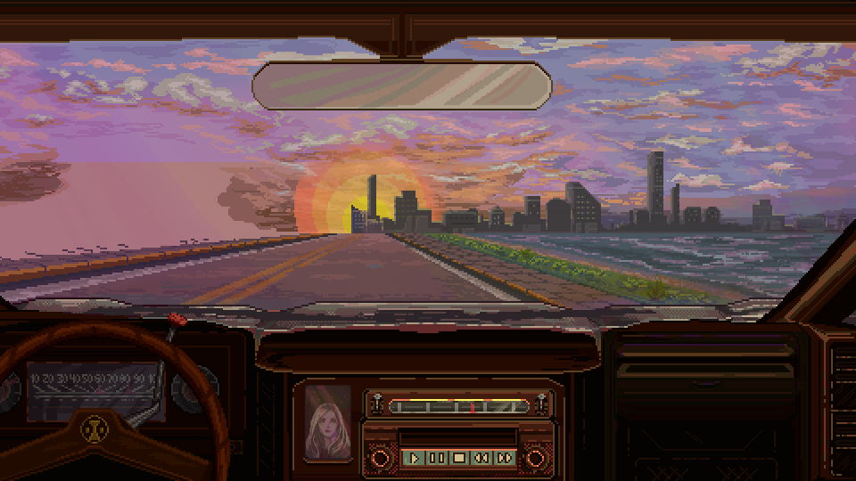 View from the driver's seat: a highway into a sunset skyline, the dashboard radio and a photo of a blonde woman.