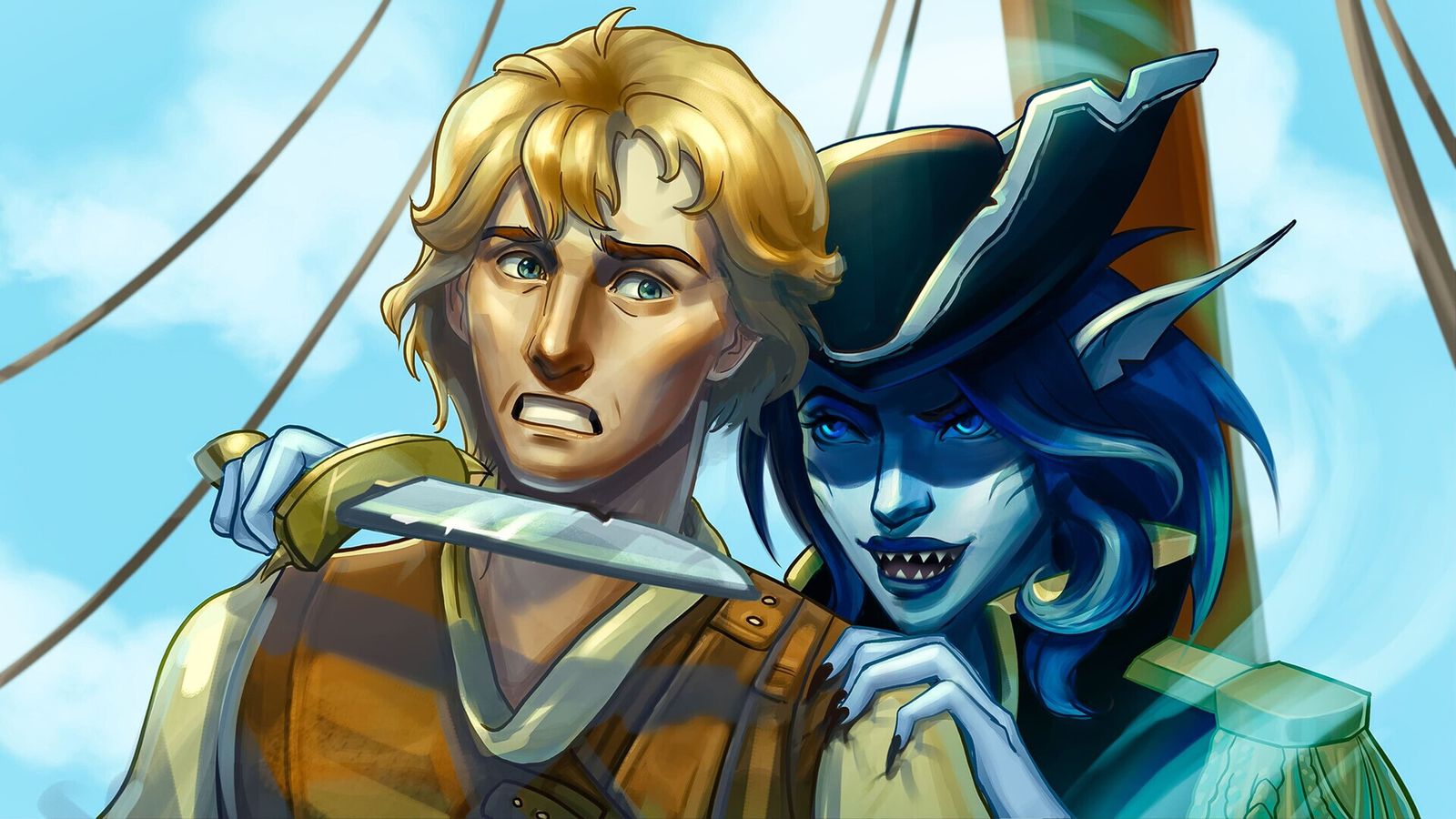 A blue-skinned elf holds a blade to Fabian's throat on deck